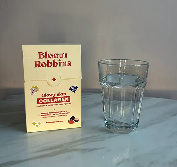 Glowy Skin Collagen a pohár vody